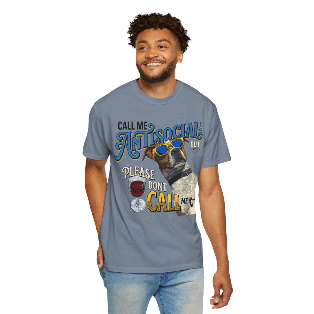 Antisocial Dog Graphic T-Shirt — "Call Me Antisocial" Funny Tee
