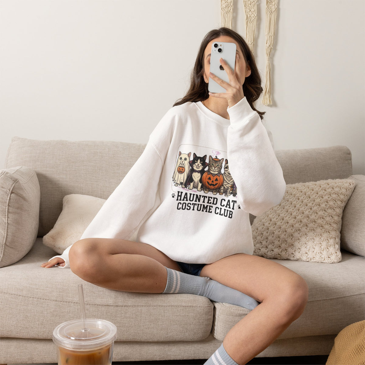 Haunted Cat Costume Club Crewneck | Halloween Pet Cat Graphic