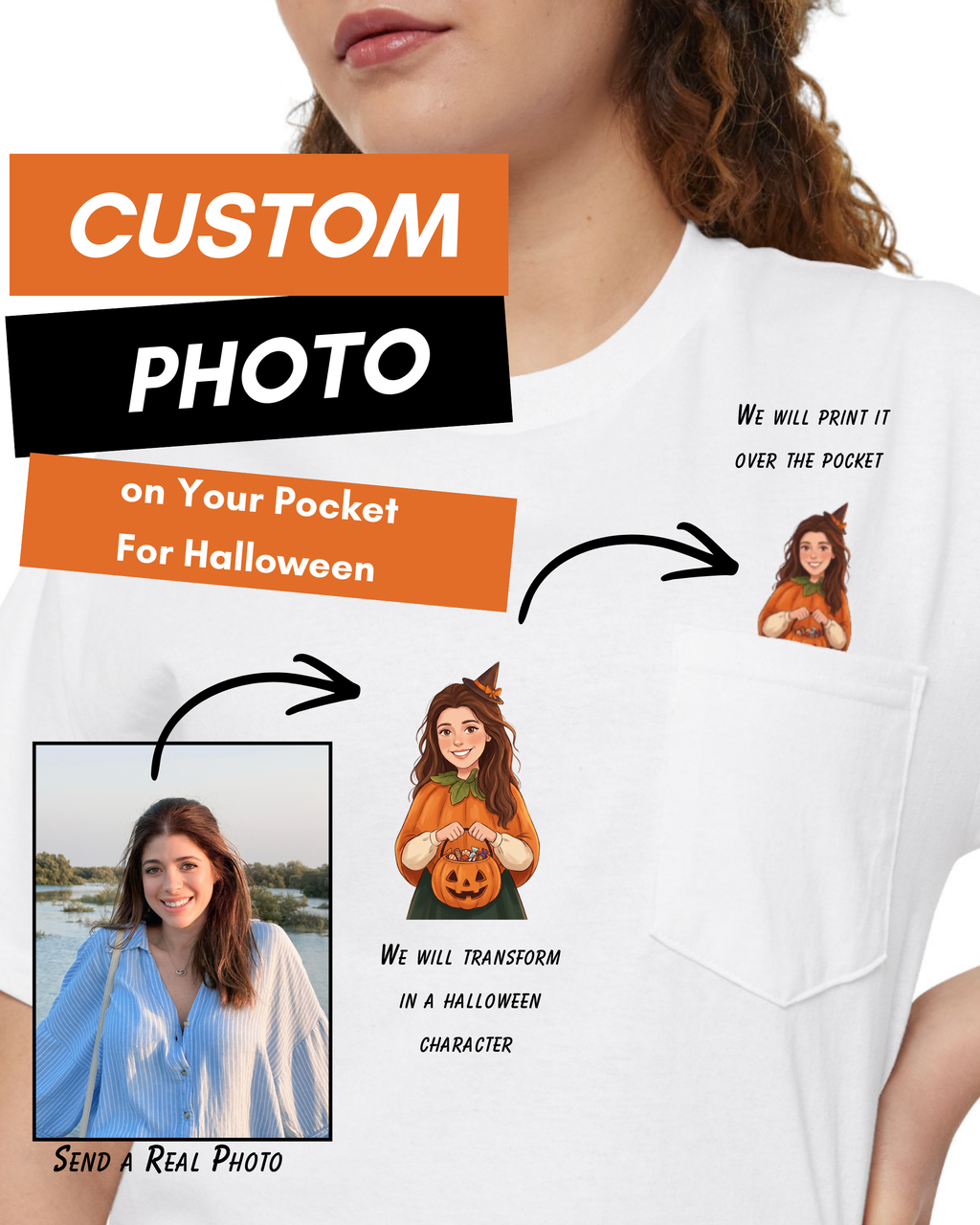 Cute Custom Halloween Pocket Tee, Personalized Cartoon Photo Shirt (Pet, Family)