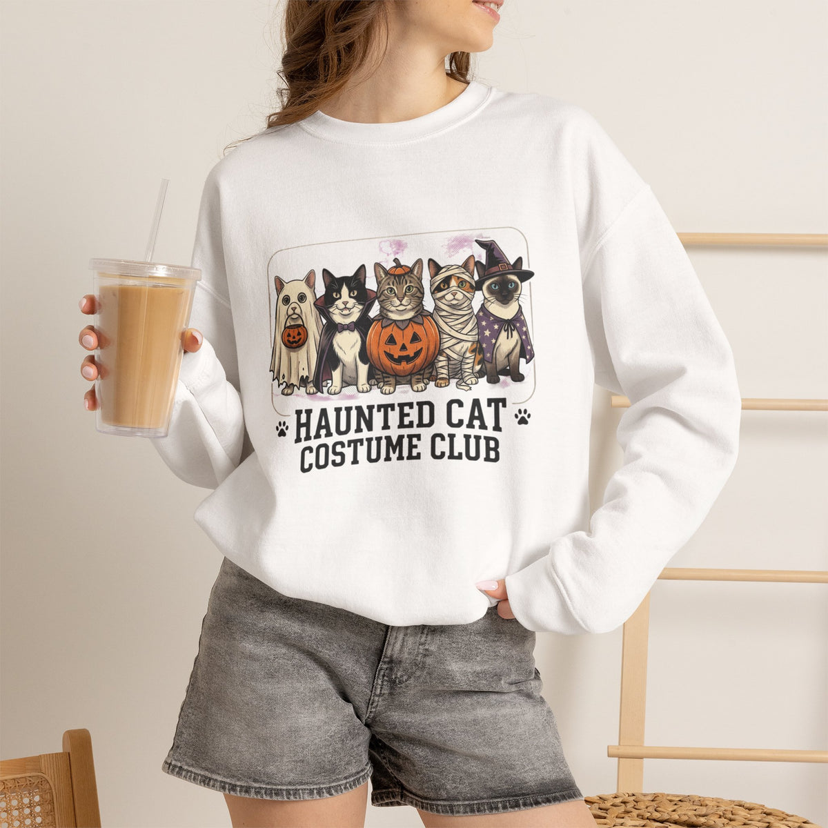 Haunted Cat Costume Club Crewneck | Halloween Pet Cat Graphic