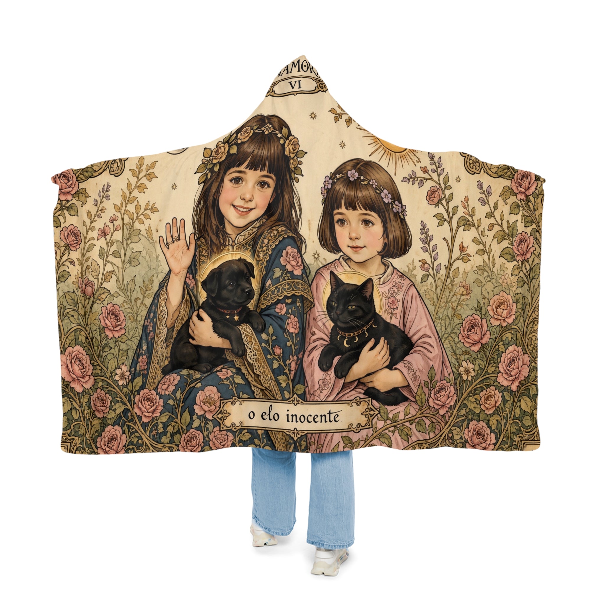Hooded Snuggle Blanket — Vintage Girls with Black Cats Floral Throw