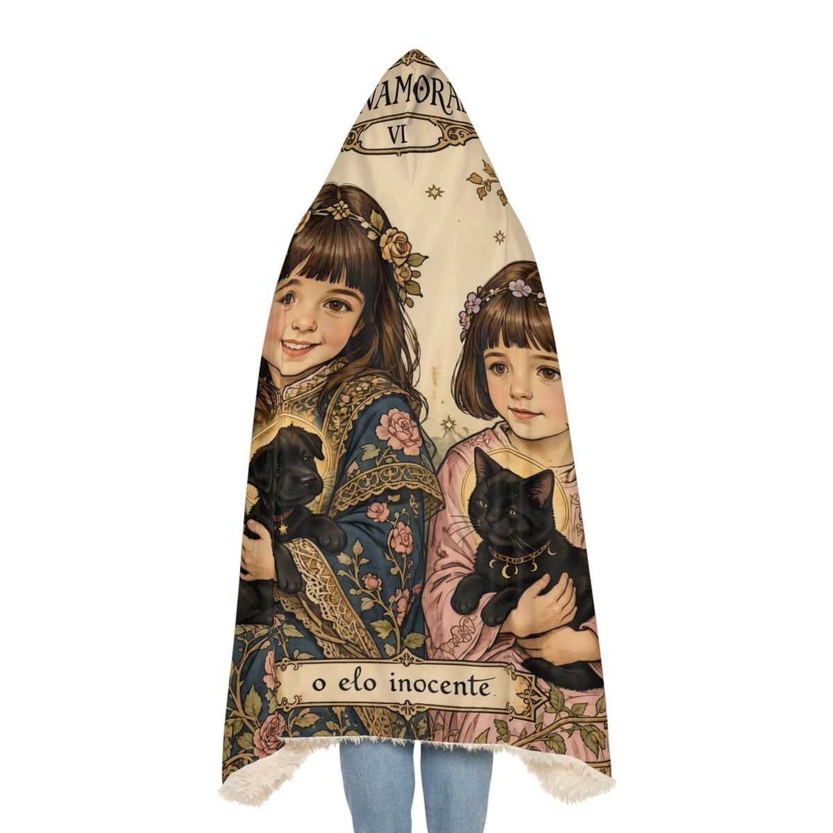 Hooded Snuggle Blanket — Vintage Girls with Black Cats Floral Throw