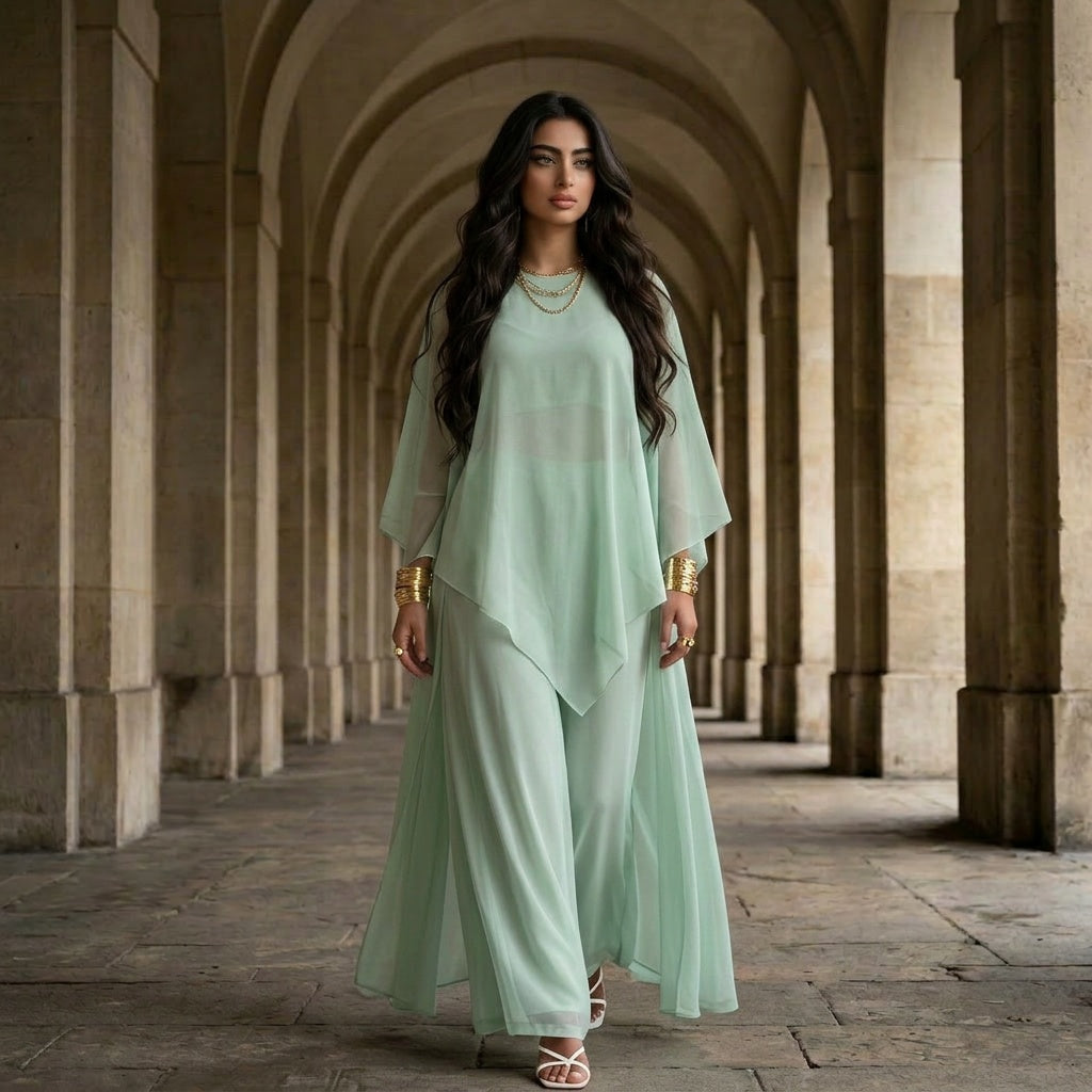 A woman stands in a stone colonnade wearing a flowing mint green two-piece outfit with a loose long-sleeve top and wide-leg pants. She is wearing gold bracelets and sandals.
