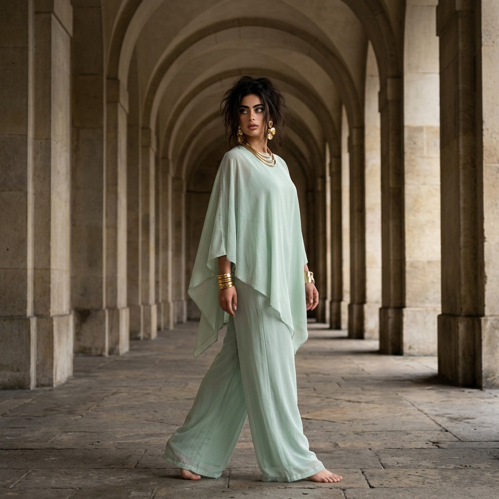 A woman stands barefoot in a stone colonnade wearing a flowing pale mint green two-piece outfit with draped sleeves and wide-leg pants, accessorized with gold jewelry.