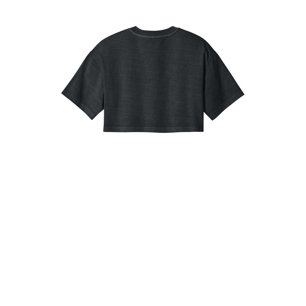 A dark charcoal gray cropped short-sleeve t-shirt shown from the back, centered on a plain white background.