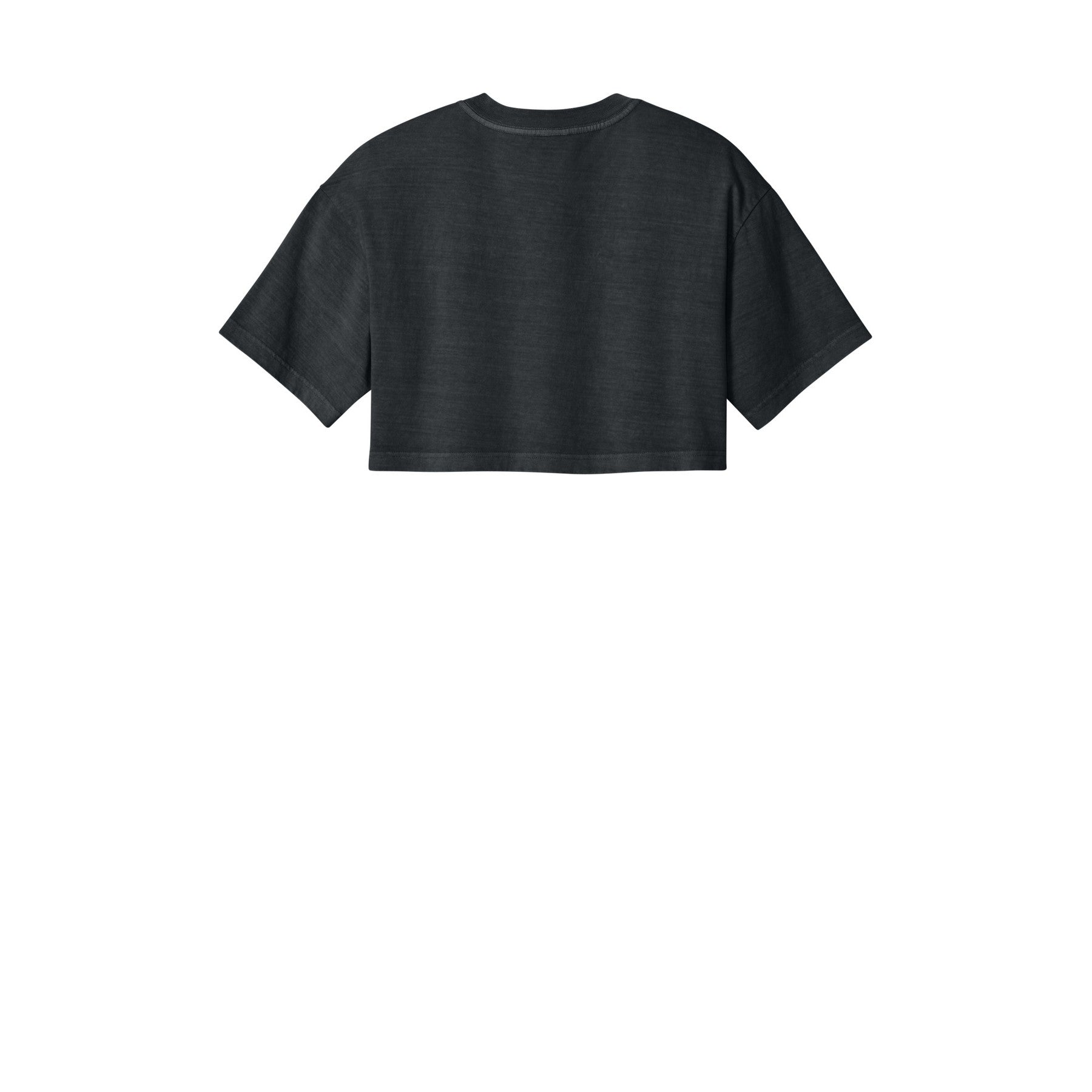 A dark charcoal gray cropped short-sleeve t-shirt shown from the back, centered on a plain white background.
