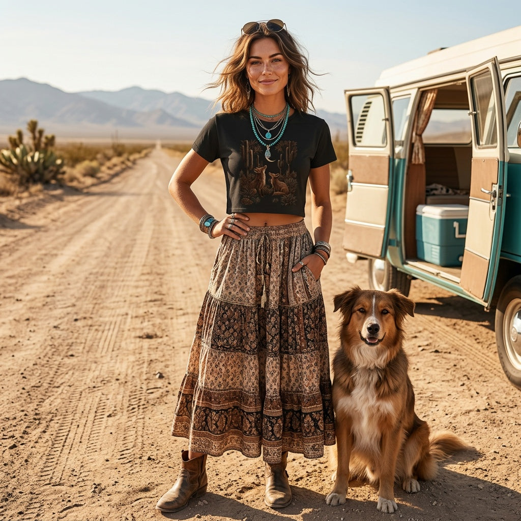 A woman stands on a dirt road next to a vintage camper van with a dog, wearing a black graphic crop top, a long brown patterned maxi skirt, and boots.