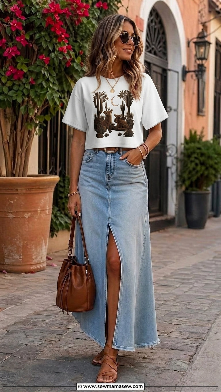 A woman stands on a cobblestone street wearing a white graphic T-shirt with a dark brown palm tree print, a light blue denim maxi skirt with a front slit, sunglasses, and a brown leather bucket bag.