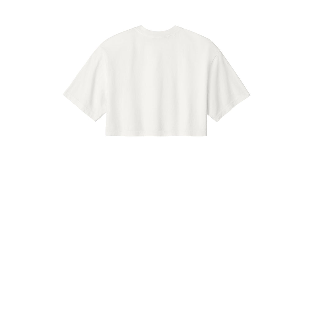 A white short-sleeve crop top shown from the back, centered on a solid white background.