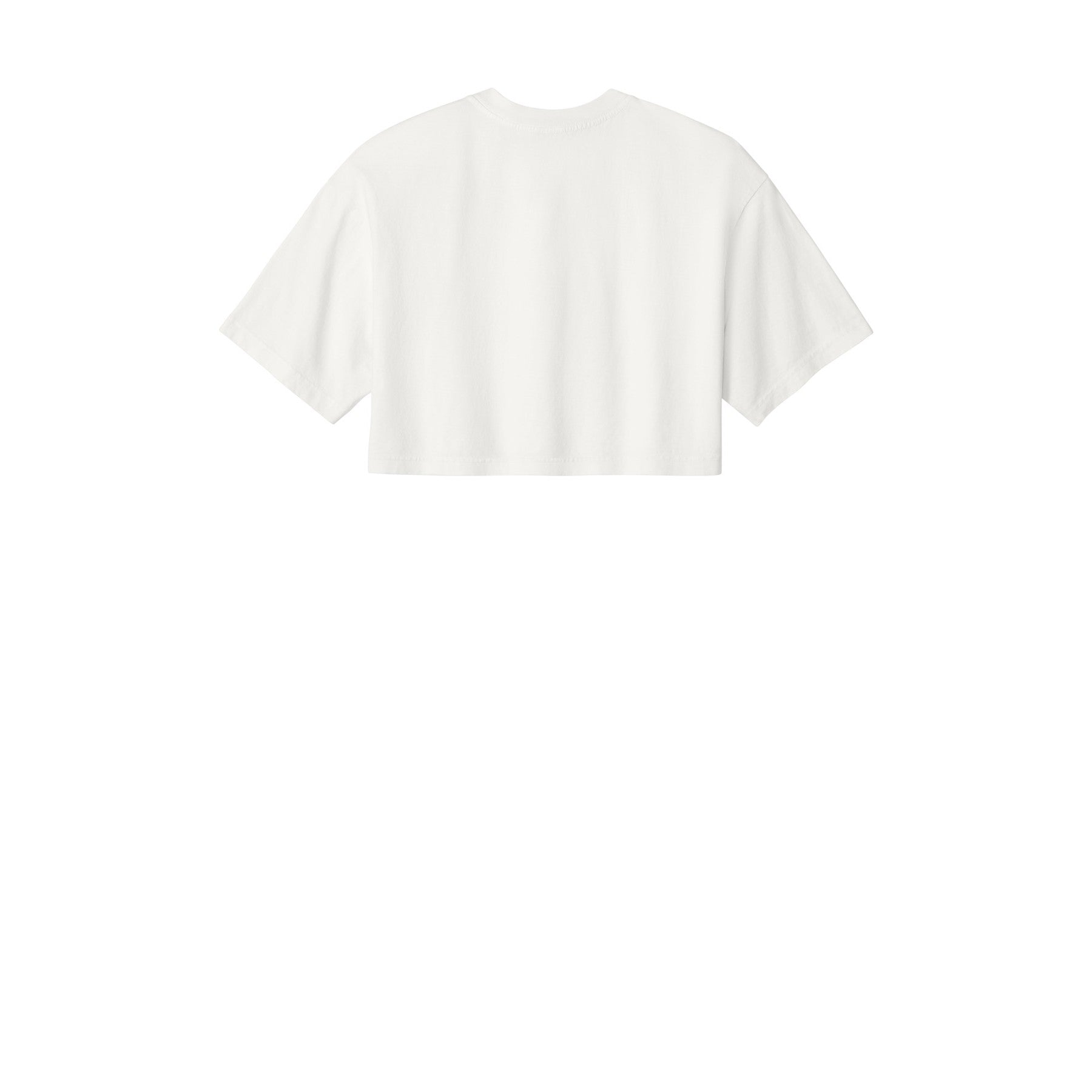 A white short-sleeve crop top shown from the back, centered on a solid white background.