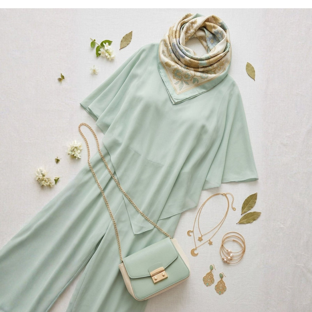 Mint green dress with matching accessories including a scarf, handbag, and jewelry on a light background.
