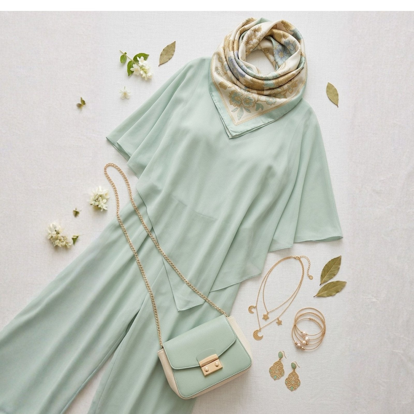 Mint green dress with matching accessories including a scarf, handbag, and jewelry on a light background.