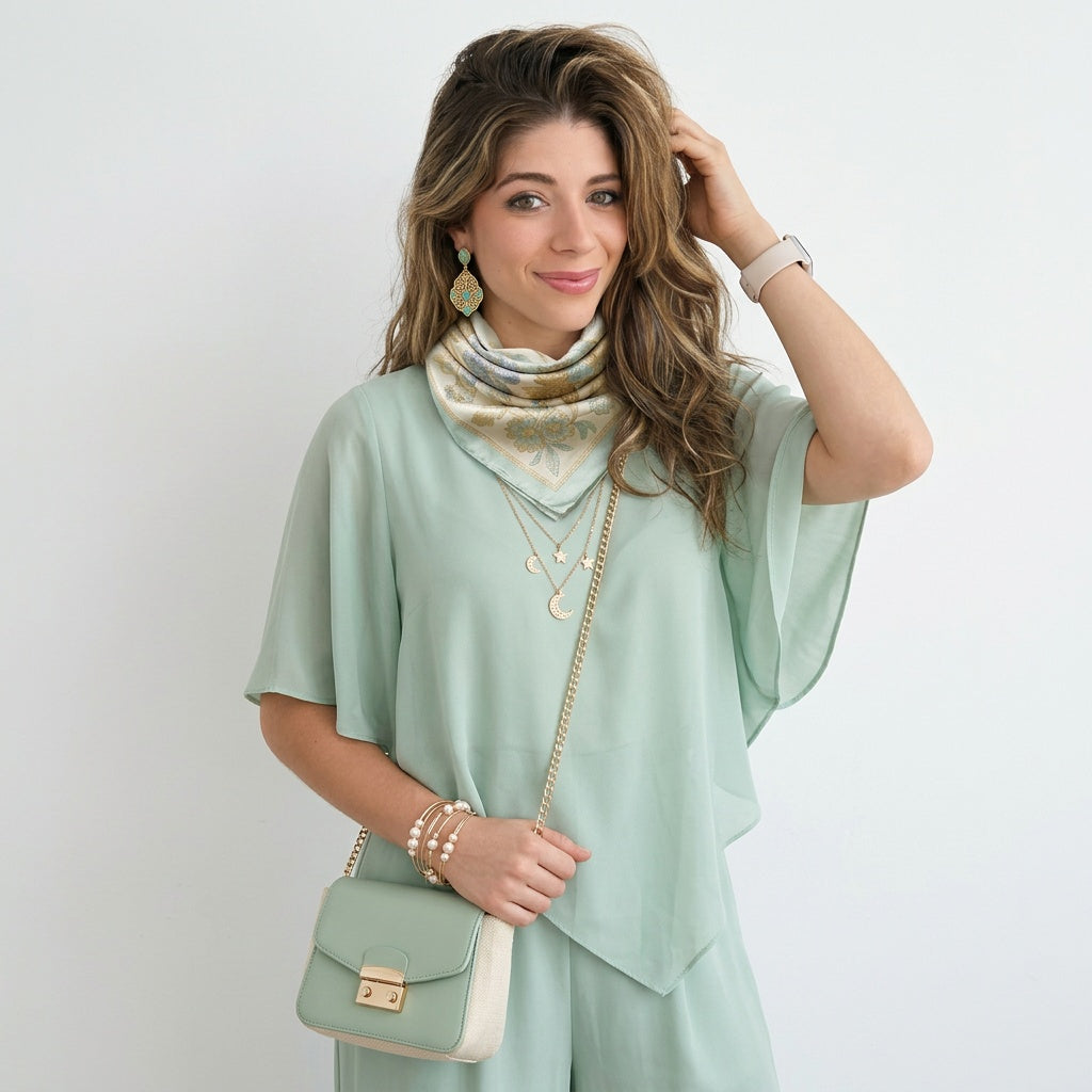 Woman wearing a light green outfit with a matching handbag on a white background
