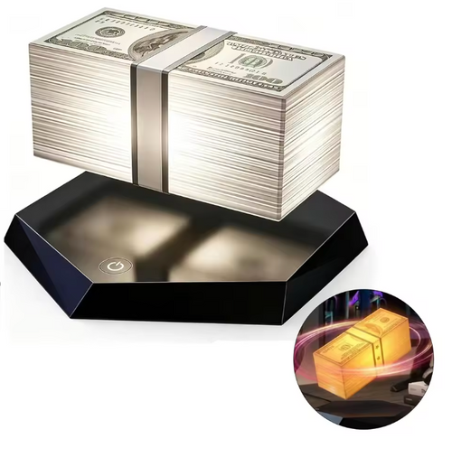 A floating lamp stack of U.S. cash