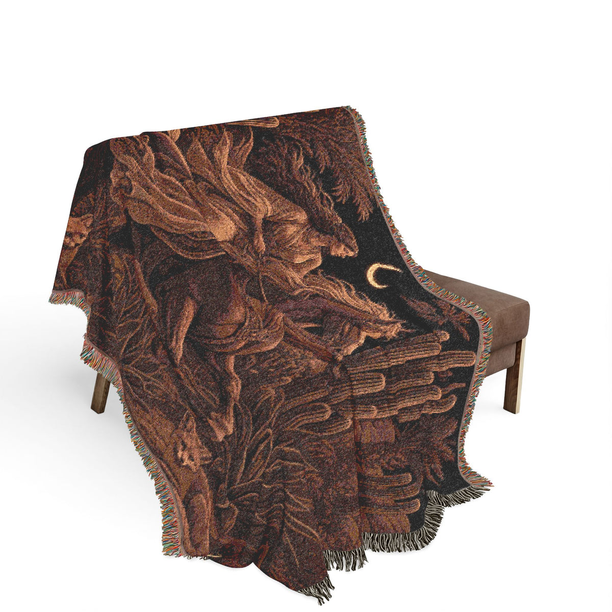 A dark throw blanket draped over a brown upholstered chair, featuring a large skeleton illustration and gothic text reading 'Until The Last Post Was Due' on a white studio background.