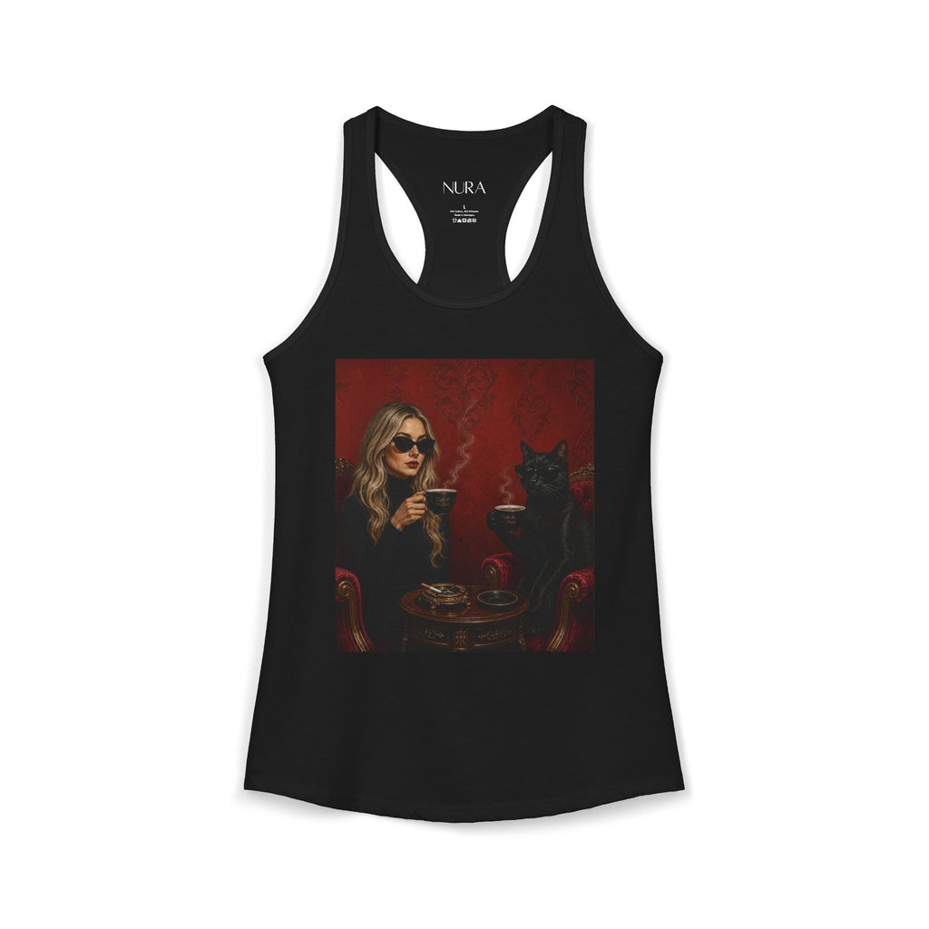A black racerback tank top featuring a square graphic print on the front. The graphic depicts a woman in sunglasses holding a cup next to a black cat in a dark red setting.