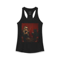 A black racerback tank top featuring a square graphic print on the front. The graphic depicts a woman in sunglasses holding a cup next to a black cat in a dark red setting.