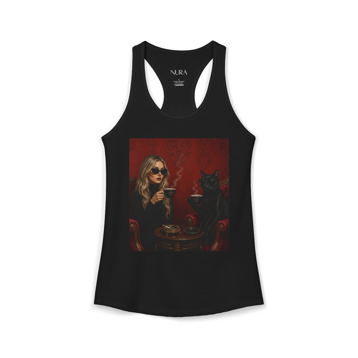 A black racerback tank top featuring a square graphic print on the front. The graphic depicts a woman in sunglasses holding a cup next to a black cat in a dark red setting.