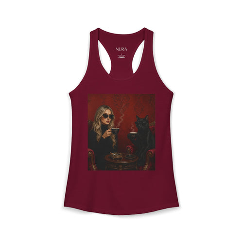 A women's racerback tank top in deep burgundy, featuring a large rectangular graphic print on the front of a woman in sunglasses sitting with a black cat in a dimly lit red room. The brand name 'NURA' is printed inside the collar.