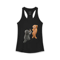A black racerback tank top featuring a graphic print of two cats dressed as humans, one in gray and one in orange, standing on their hind legs and holding a small drink. The brand name 'NURA' is printed inside the collar.