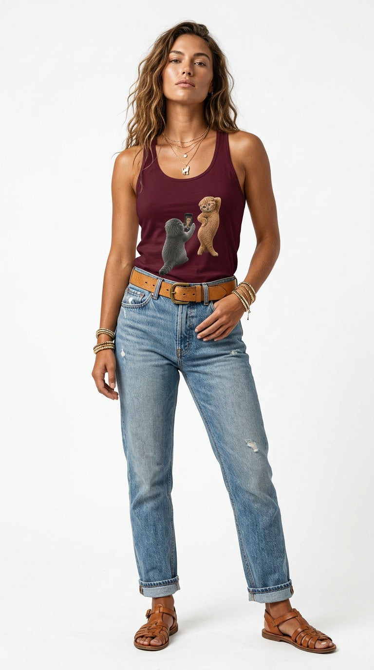 A woman modeling a sleeveless maroon tank top with a graphic of two seals, paired with light-wash blue jeans, a brown belt, and brown sandals, against a plain white background.