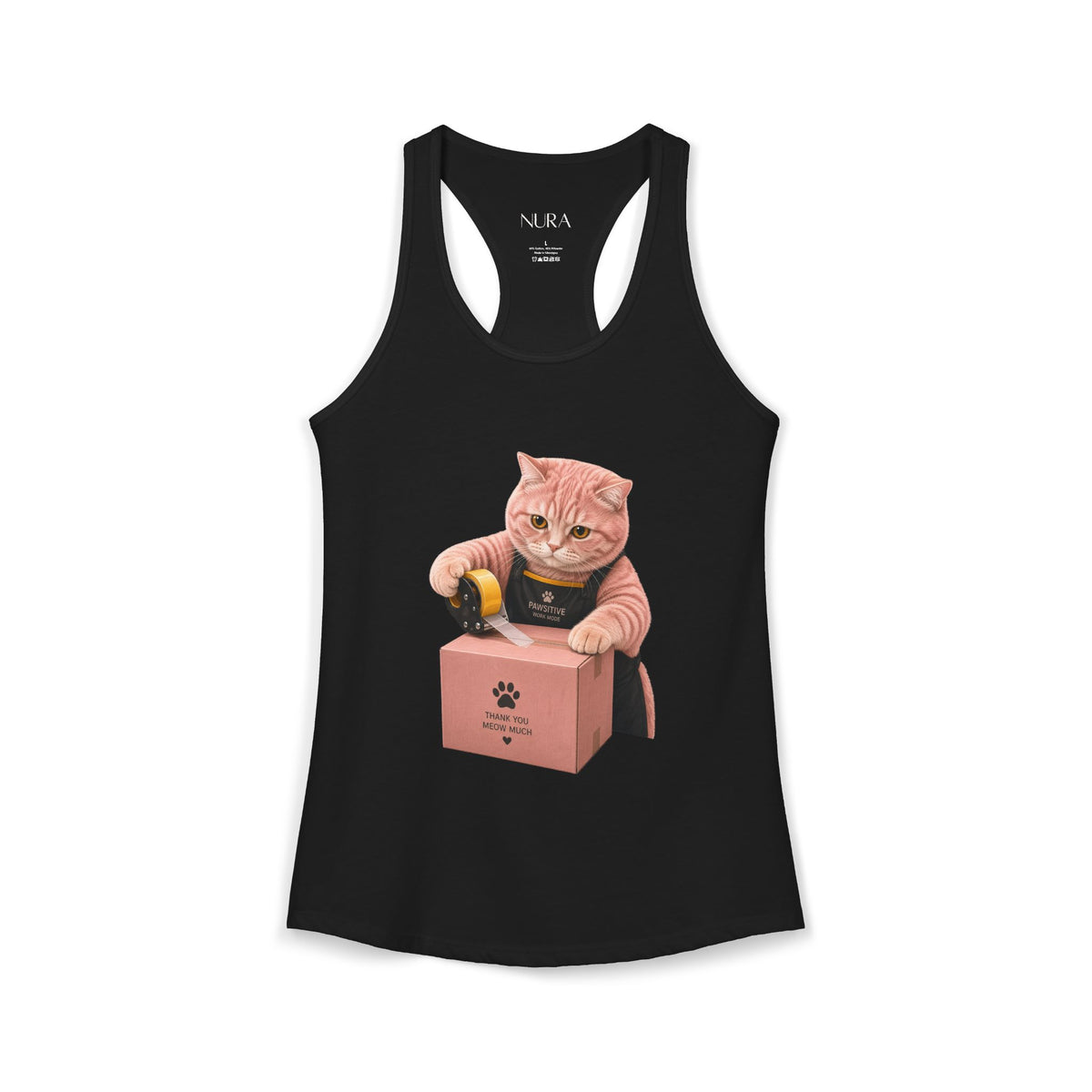 A black racerback tank top featuring a graphic print of a pink cat wearing a black paw-print apron and measuring tape next to a pink box labeled 'Pawfectly Clean'. The brand name 'NURA' is printed inside the collar.