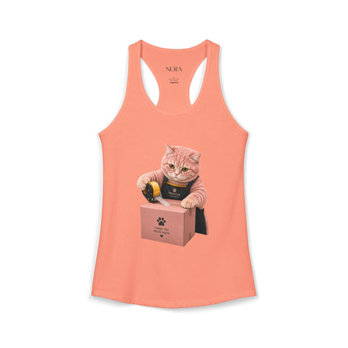 A coral pink racerback tank top featuring a graphic print of an orange tabby cat wearing a black apron and sealing a cardboard box with a tape measure. The brand name 'NURA' is printed inside the collar.