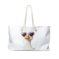 A white canvas tote bag with cream-colored rope handles, featuring a printed graphic of a duck wearing pink heart-shaped sunglasses on the front.