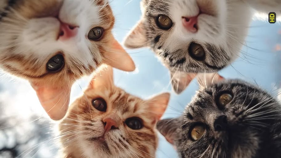 Four close-up cat faces arranged in a circle against a bright blue sky background, with one gray tabby at top left, one white cat at top right, one orange tabby at bottom left, and one orange-and-white cat at bottom right.