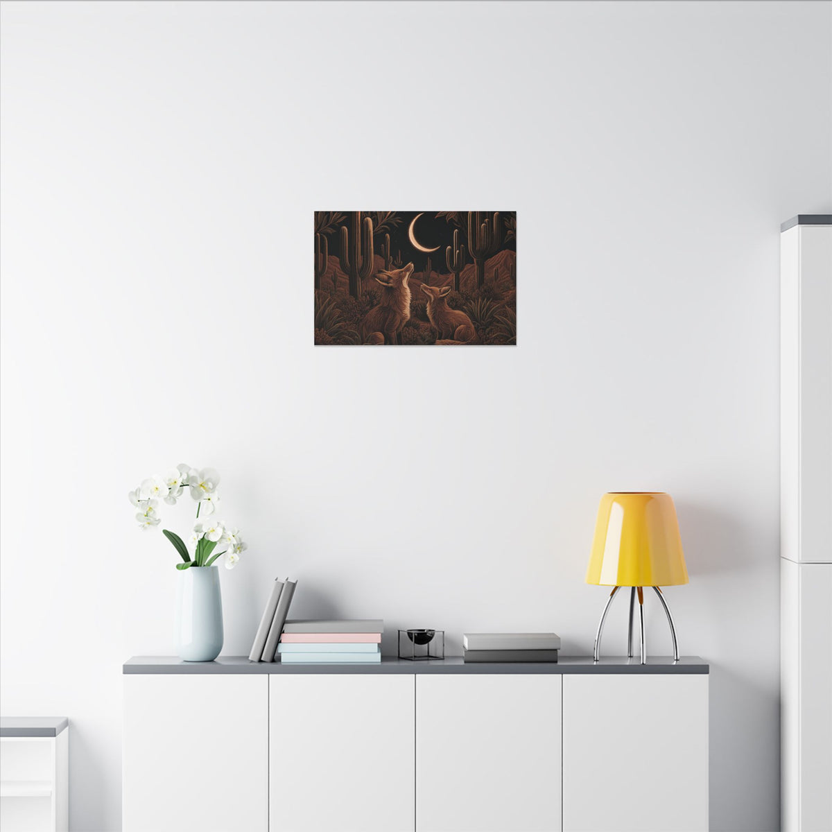 Modern interior with a table, lamp, and decorative items against a white wall.