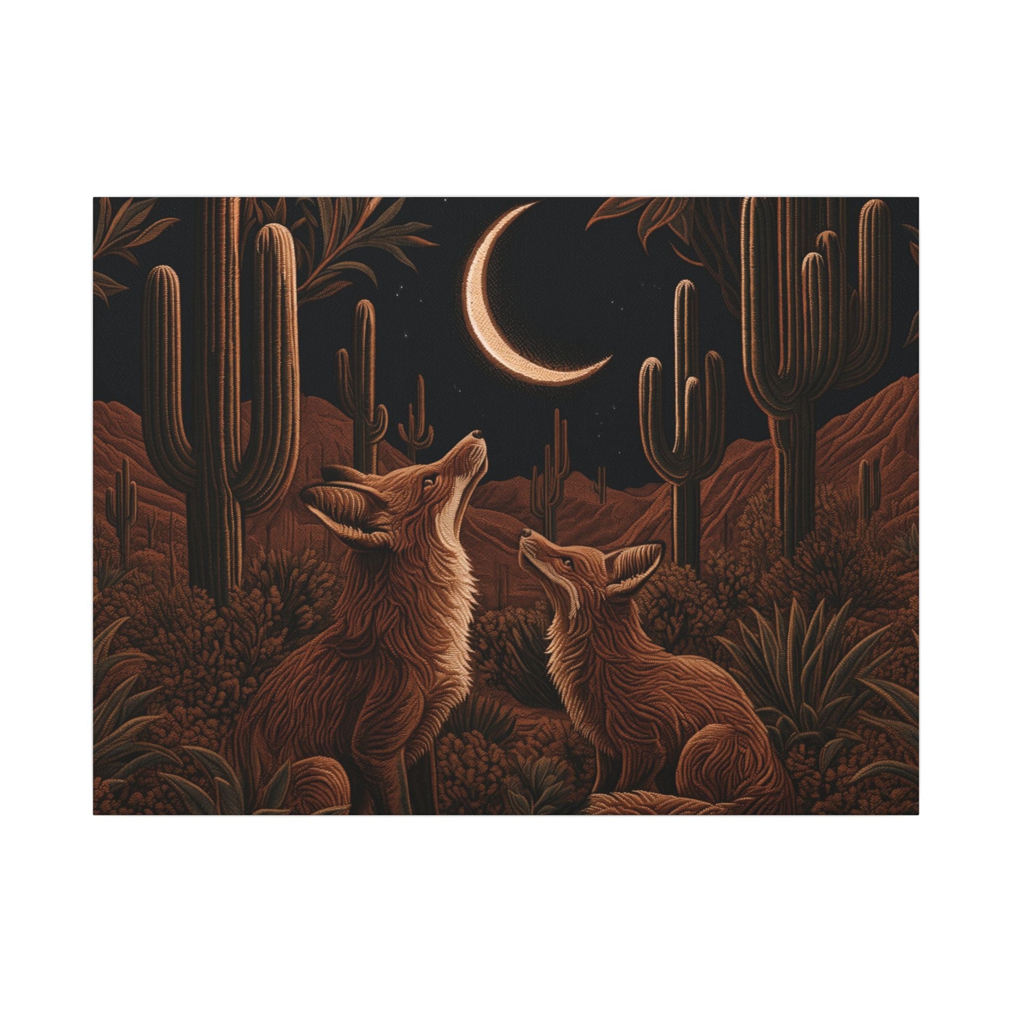 A rectangular art print featuring a desert night scene with two foxes looking up at a crescent moon, surrounded by tall saguaro cacti and dark brush, shown against a plain white background.