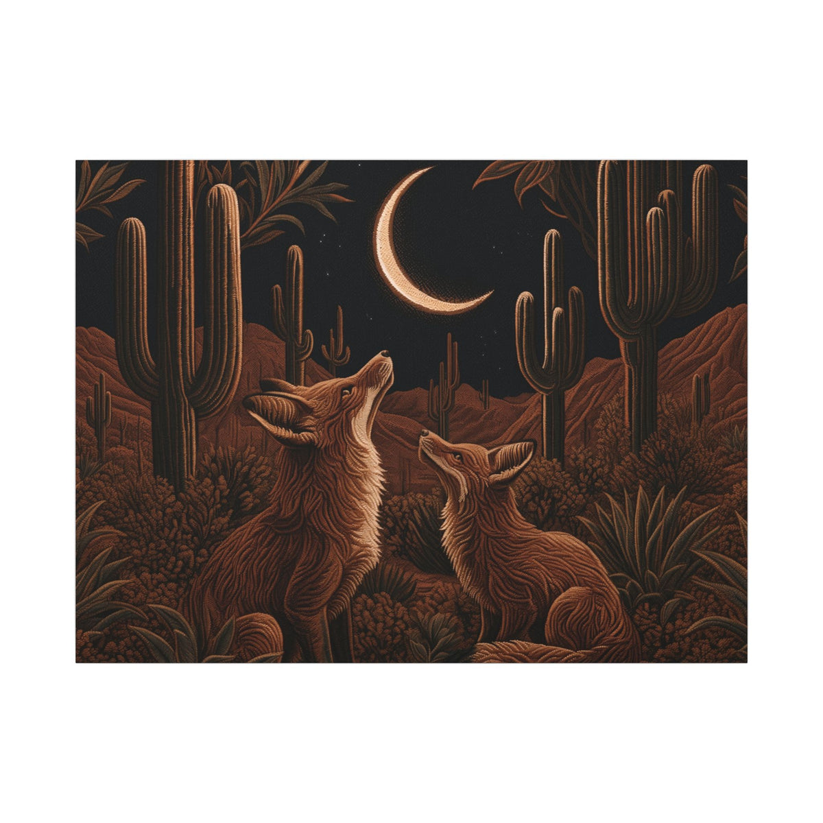 A rectangular art print featuring a desert night scene with two foxes looking up at a crescent moon, surrounded by saguaro cacti and dark rocky terrain, shown against a white background.