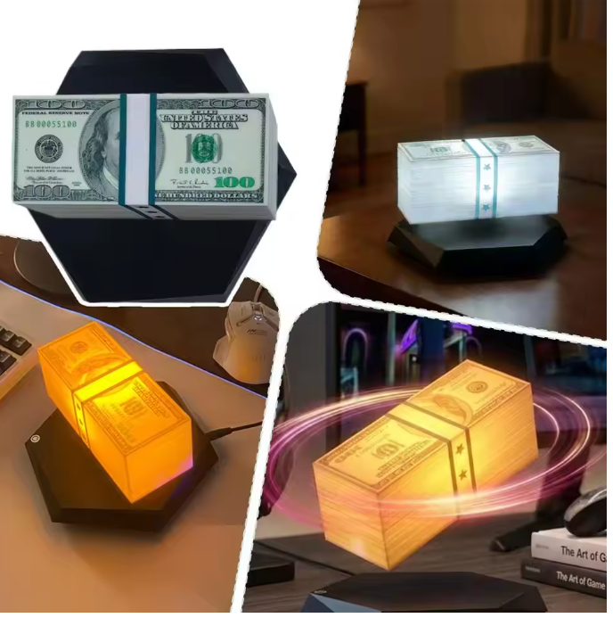 A collage showing a stack-of-money themed lamp or light on different bases and in different lighting modes. The top-left panel shows a white and blue bill-bound stack on a dark hexagonal base.