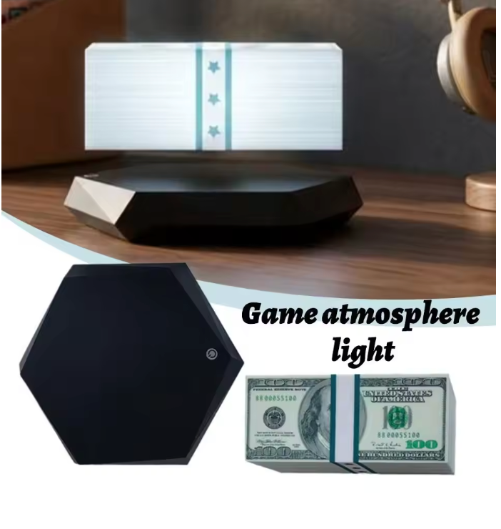A game atmosphere light product shown in a collage: a black hexagonal base with a floating illuminated panel above, a close-up of the black base, and a stack of dollar bills with the text 'Game atmosphere light.'.