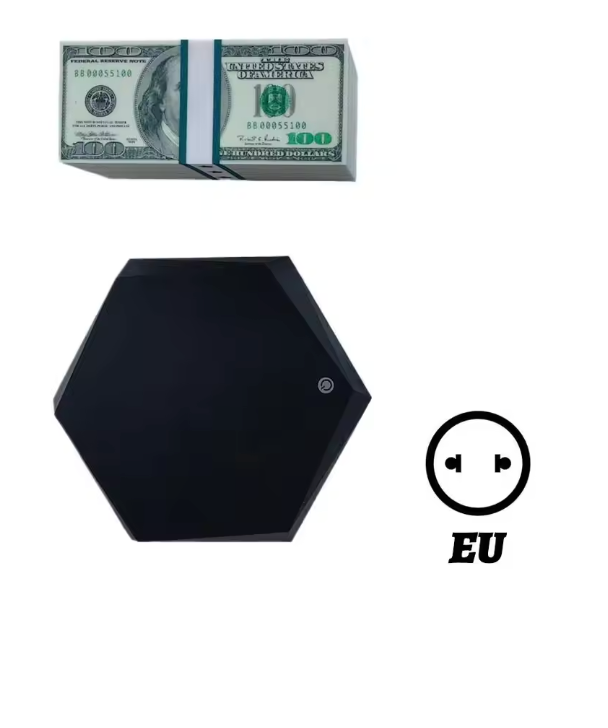 A black hexagonal electronic device shown on a white background, with a stack of US dollar bills at the top, a small power plug icon labeled EU at the bottom right, and a tiny circular detail on the front of the device.