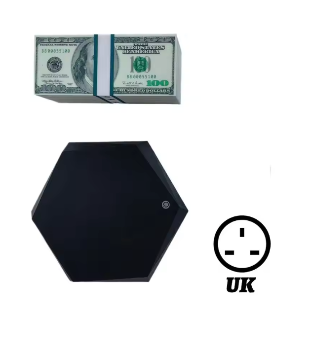 A black hexagonal wall socket cover with a UK three-pin plug icon shown beside it, with a stack of US dollar bills above it as a styling element, all on a plain white background.