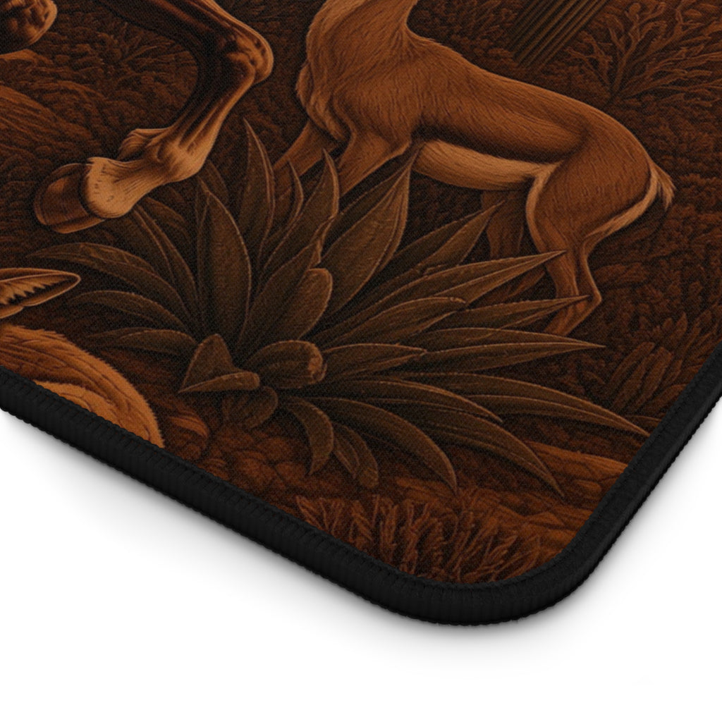 A close-up of a brown mousepad featuring a detailed embossed-style design of a deer and desert plants, finished with a black stitched border.