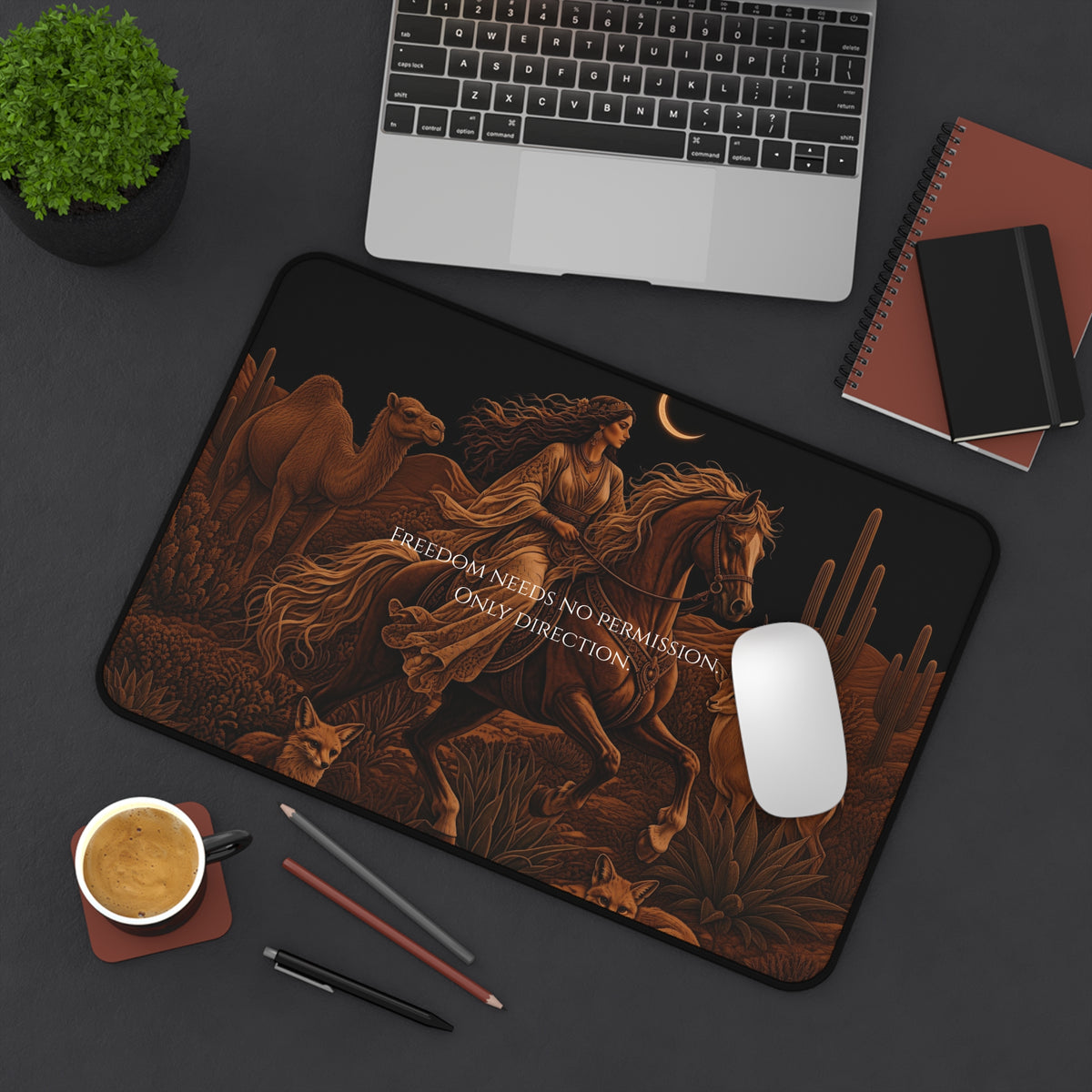 A large desk mat with a detailed brown and black illustration of a woman riding a horse, surrounded by desert scenery, shown in a styled workspace flat-lay with a laptop, coffee, pens, and notebooks.