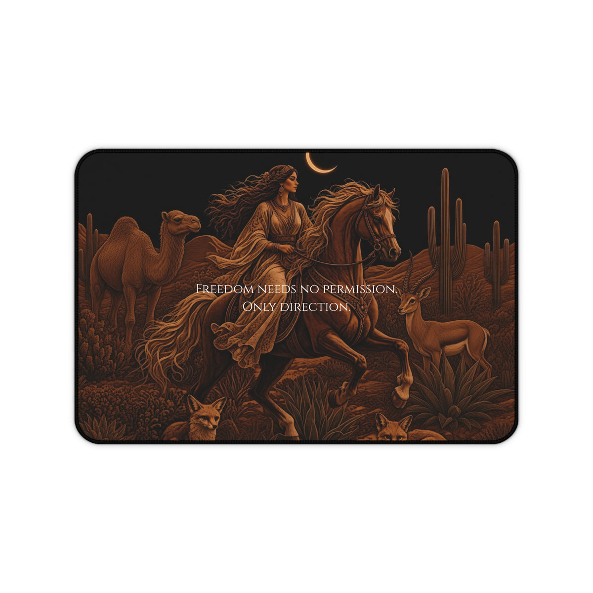 A rectangular desk mat with rounded corners featuring a dark desert scene illustration. The artwork shows a woman riding a horse, with a camel, cacti, a deer, and small foxes in warm brown and tan tones against a black background.