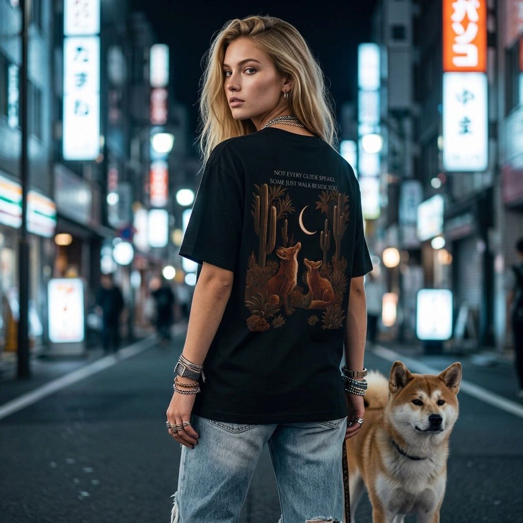 A woman stands on a blurred city street at night wearing a black graphic T-shirt with a detailed brown and gold fox design on the back, paired with light blue jeans. A Shiba Inu dog is beside her.