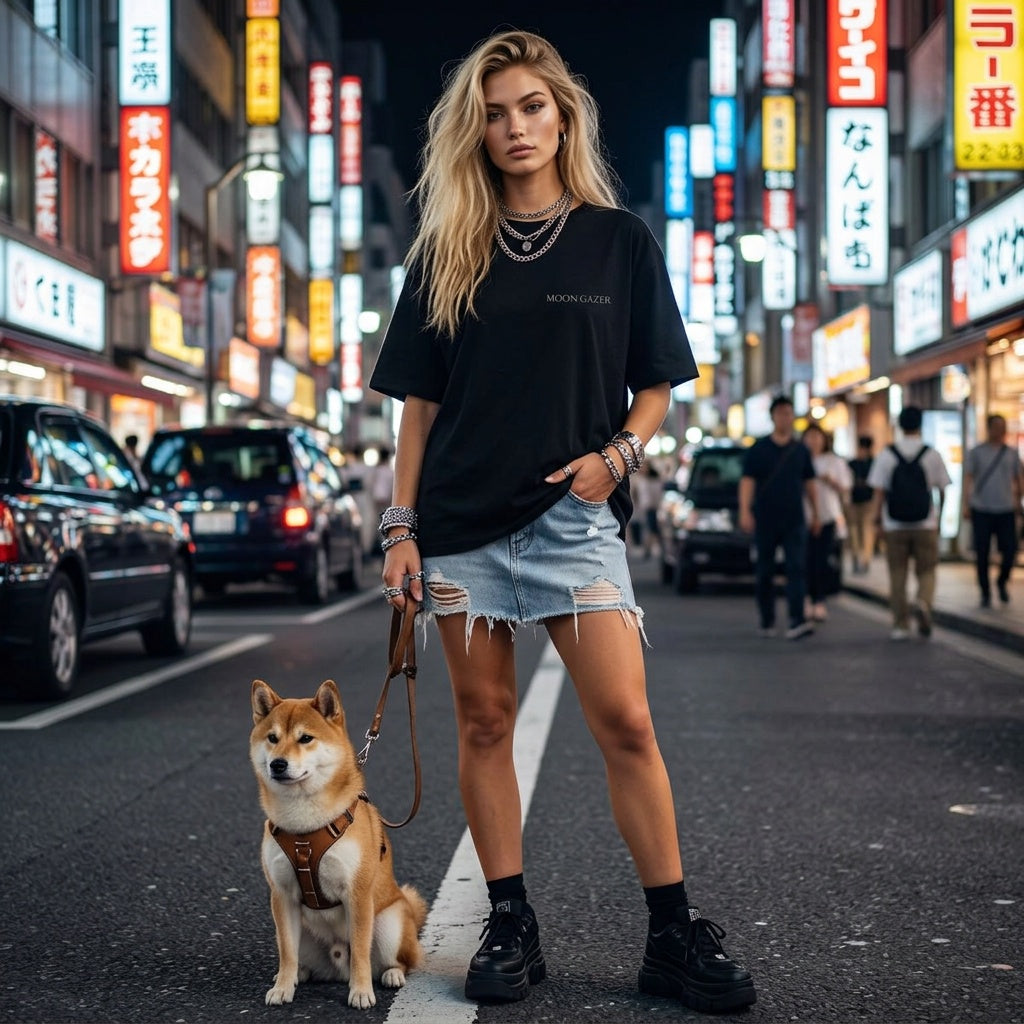 A woman stands on a city street at night with a Shiba Inu dog on a leash. She is wearing a black oversized t-shirt with 'MOONSTAR' printed on the chest, light-wash denim shorts, and black chunky boots.