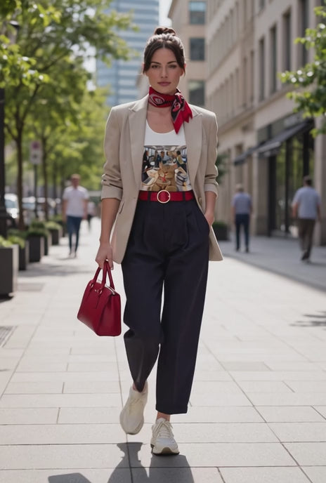 Woman walking in the street with blaser and tshirt