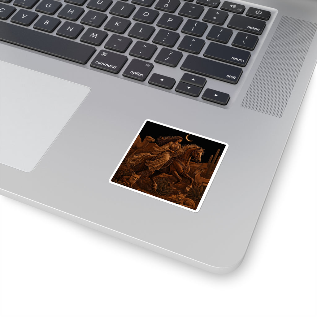 A square vinyl sticker with a white border is shown applied to the palm rest of a silver laptop. The sticker features a dark, classical painting depicting a dramatic scene of soldiers on horseback under a crescent moon, rendered in deep browns, blacks, and golds.