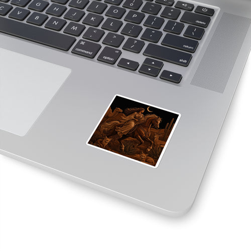 A square vinyl sticker with a white border is shown applied to the palm rest of a silver laptop. The sticker features a dark, classical painting depicting a dramatic scene of soldiers on horseback under a crescent moon, rendered in deep browns, blacks, and golds.