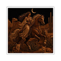 A square art print or sticker with a white border, featuring a stylized brown illustration of a woman riding a horse through a desert night scene with cacti, a camel, foxes, and a crescent moon.