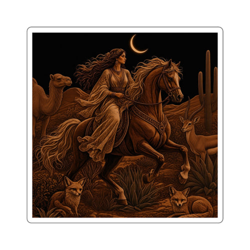 A square art print or sticker with a white border, featuring a stylized brown illustration of a woman riding a horse through a desert night scene with cacti, a camel, foxes, and a crescent moon.